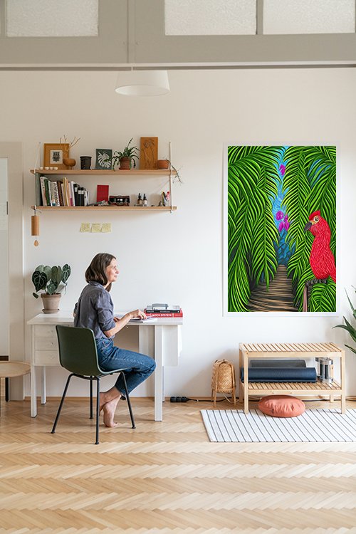 plakat_czerwona_papuga_w_dzungli_kompozycja