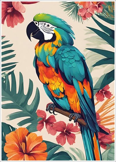 Plakat Papuga wśród kwiatów