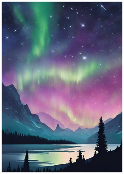 Plakat Zielono-różowa zorza w górach