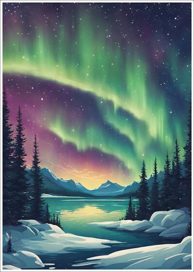 Plakat Zorza w górach z gwiazdami