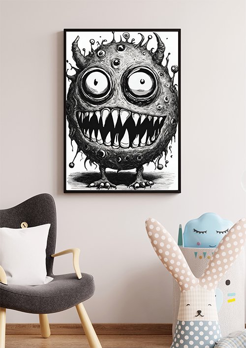 Plakat Czarno-biały potworek kompozycja