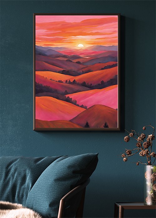 Plakat Czerwony zachód słońca w górach kompozycja