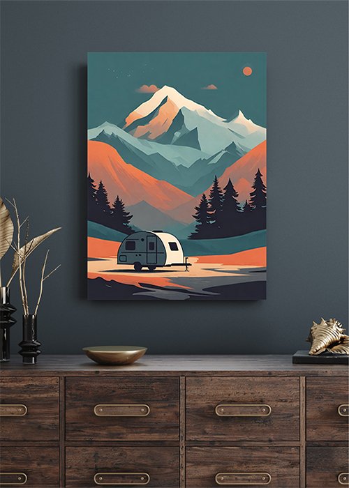 plakat_kemping_w_kolorowych_gorach kompozycja