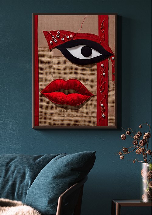 Plakat Wyszyte czerwone usta kompozycja