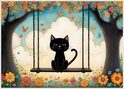 Plakat Czarny kot siedzący na huśtawce