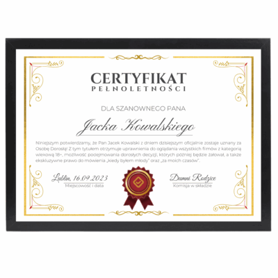 Certyfikat na 18 urodziny