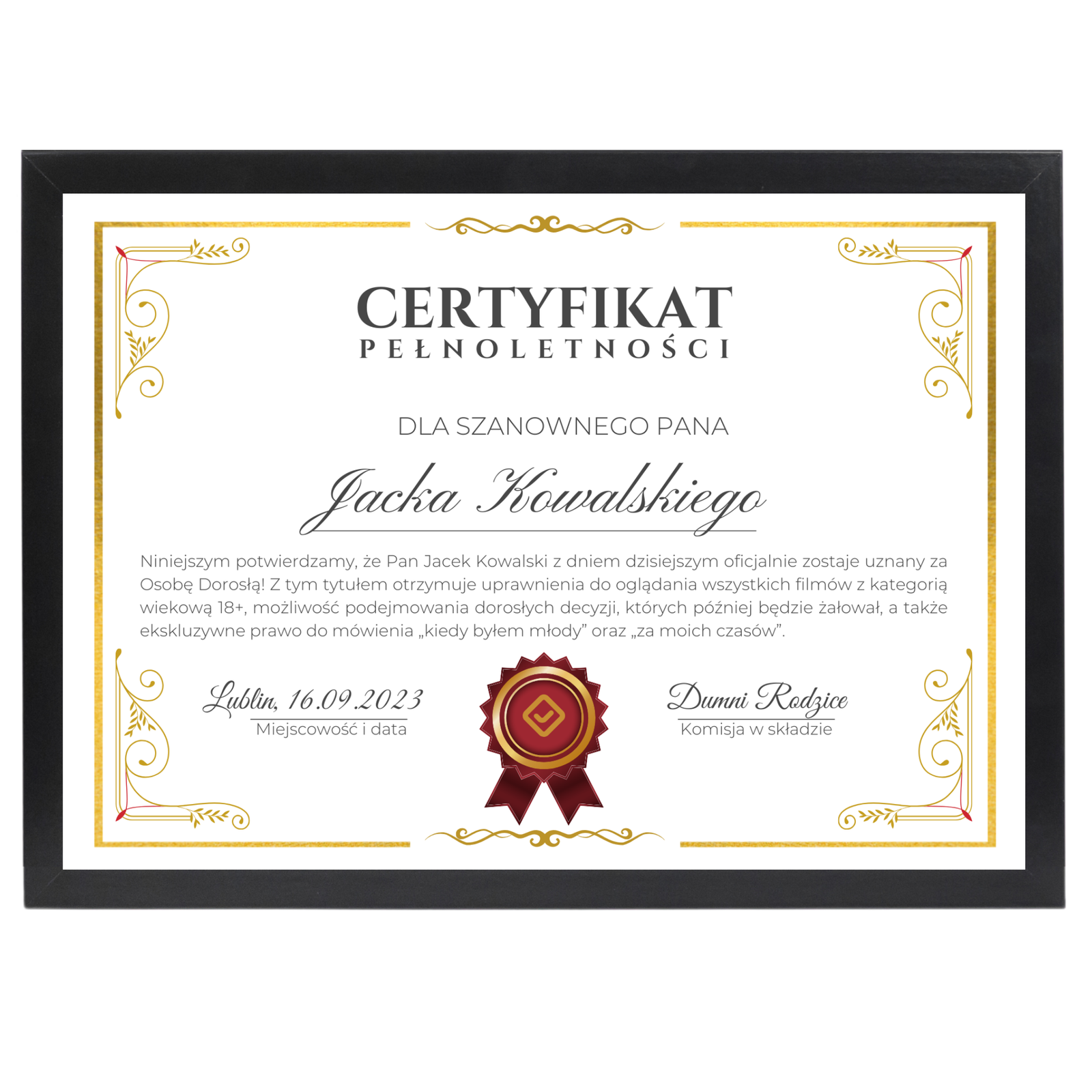 Certyfikat na 18 urodziny