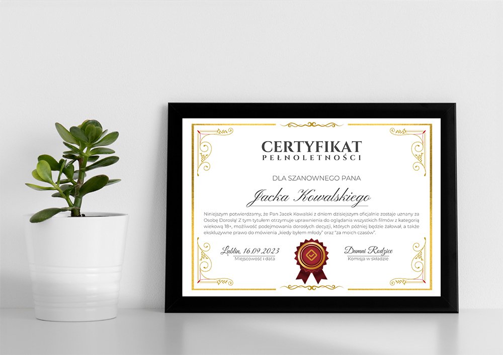 Certyfikat na 18 urodziny kompozycja
