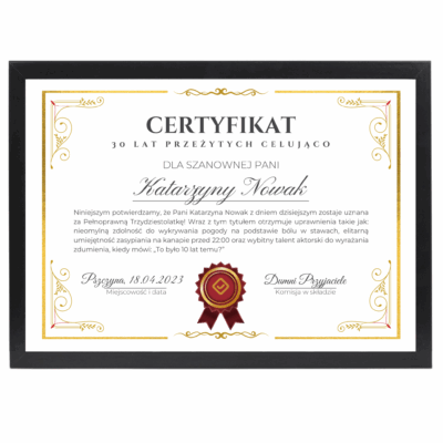 Certyfikat na 30 urodziny