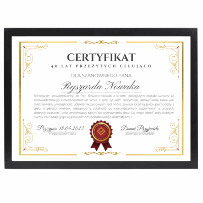 Certyfikat na 40 urodziny