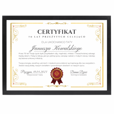 Certyfikat na 70 urodziny