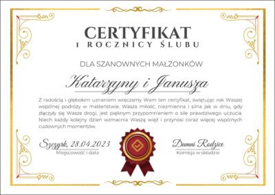 Certyfikat na rocznicę ślubu
