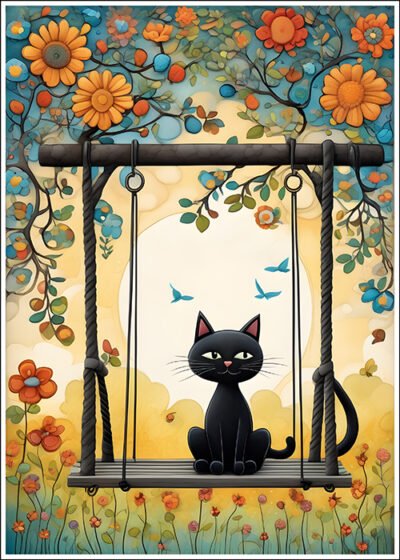 Plakat Czarny kotek siedzi na huśtawce