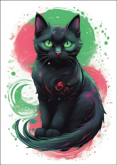 Plakat Czarny kotek w różu i zieleni