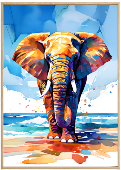 plakat_kolorowy_słoń_na_plaży