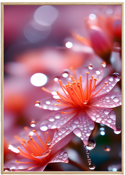 plakat_różowe_kwiaty_z_kroplami_deszczu