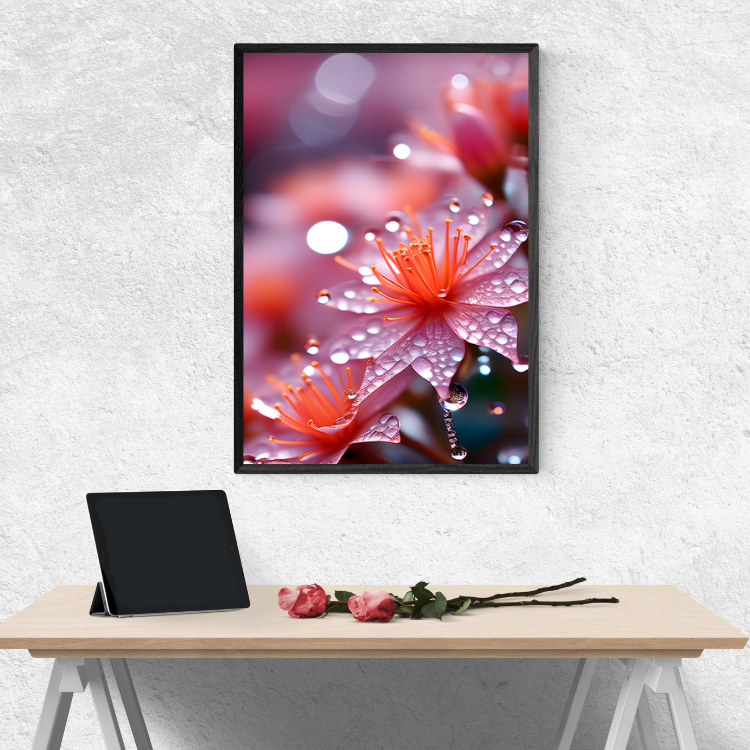 plakat_różowe_kwiaty_z_kroplami_deszczu_kompozycja5