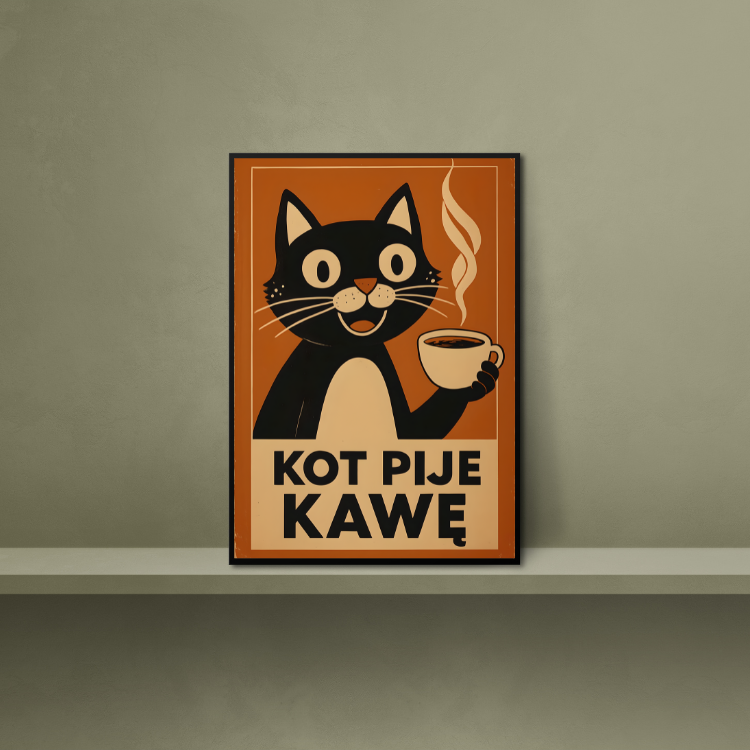 Plakat Kot Pije Kawę Kompozycja2
