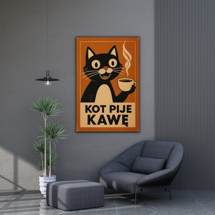 Plakat Kot Pije Kawę Kompozycja3