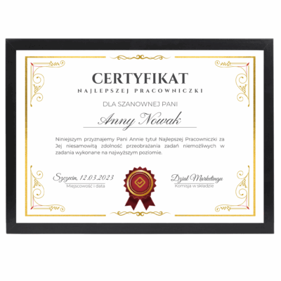 Certyfikat dla Pracowniczki