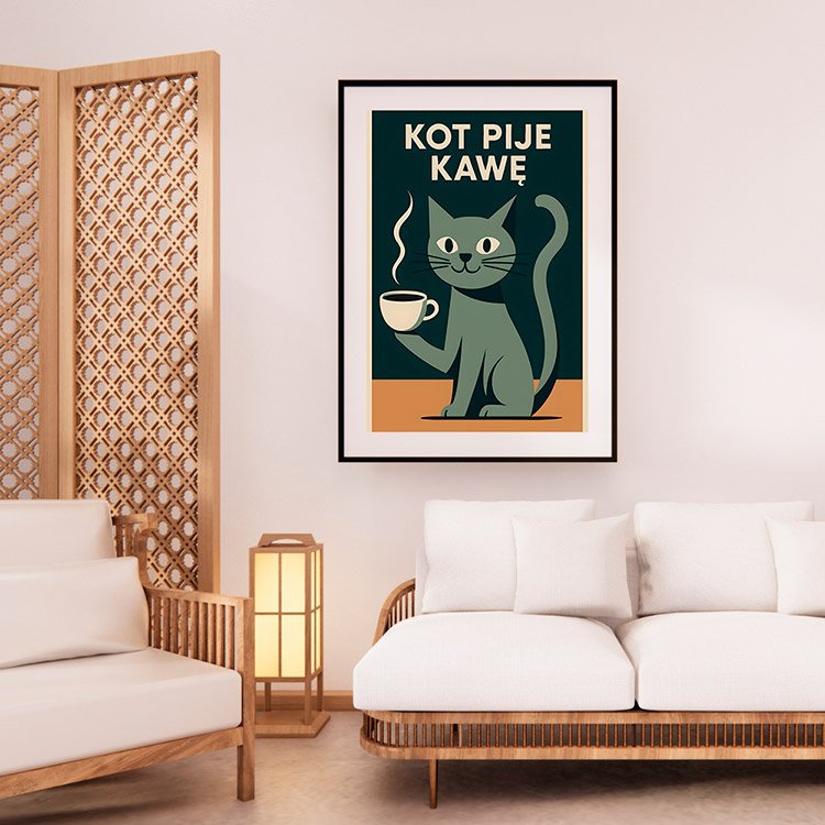 Plakat Kot Pije Kawę Kompozycja 2