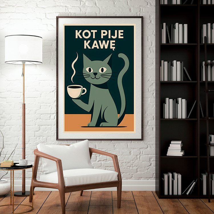 Plakat Kot Pije Kawę Kompozycja 3
