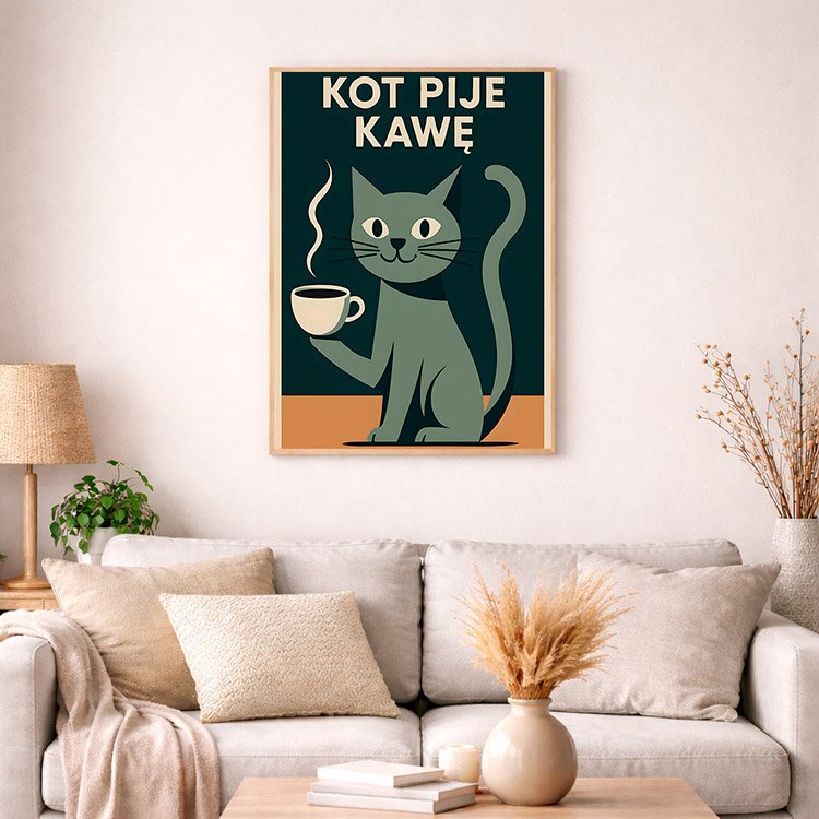 Plakat Kot Pije Kawę Kompozycja 4